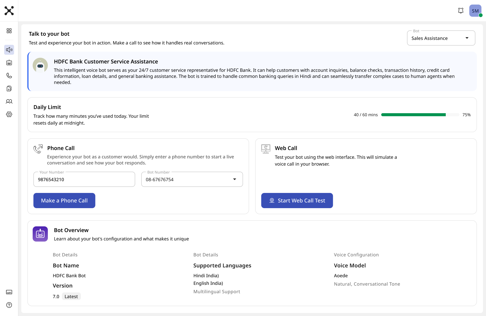 Talk to your bot — phone call and web call test, daily limit, bot overview with languages and voice model